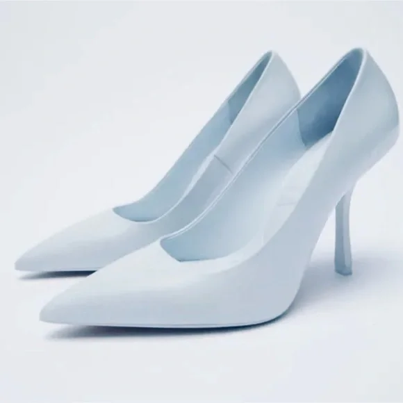 🩵 ZARA LEATHER HEELS POINTED TOE BLUE 🩵 - Picture 1 of 7